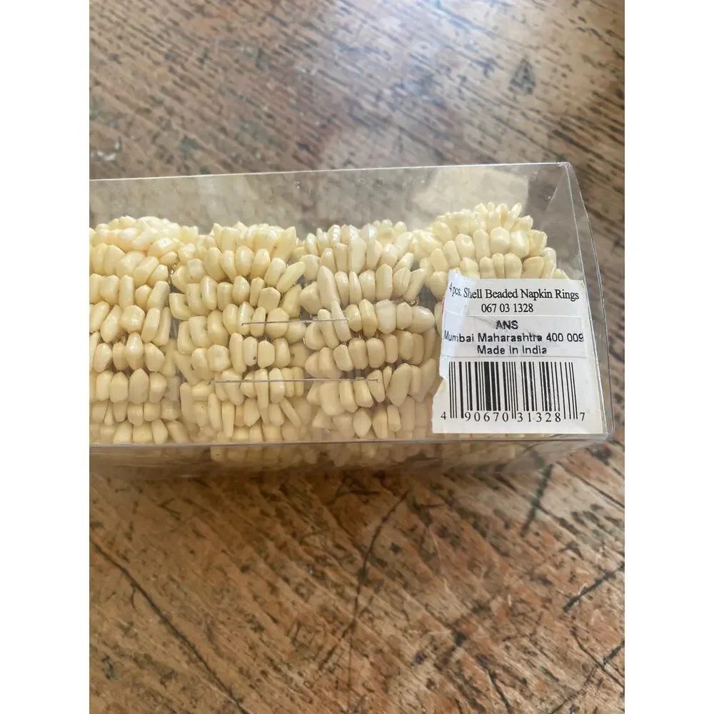 White Shell Beaded 4 Pack Napkin Rings NEW Made In India 1.5